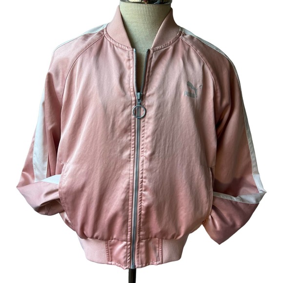 Puma Jackets & Blazers - PUMA Pink and White Satin Bomber Jacket Size Small